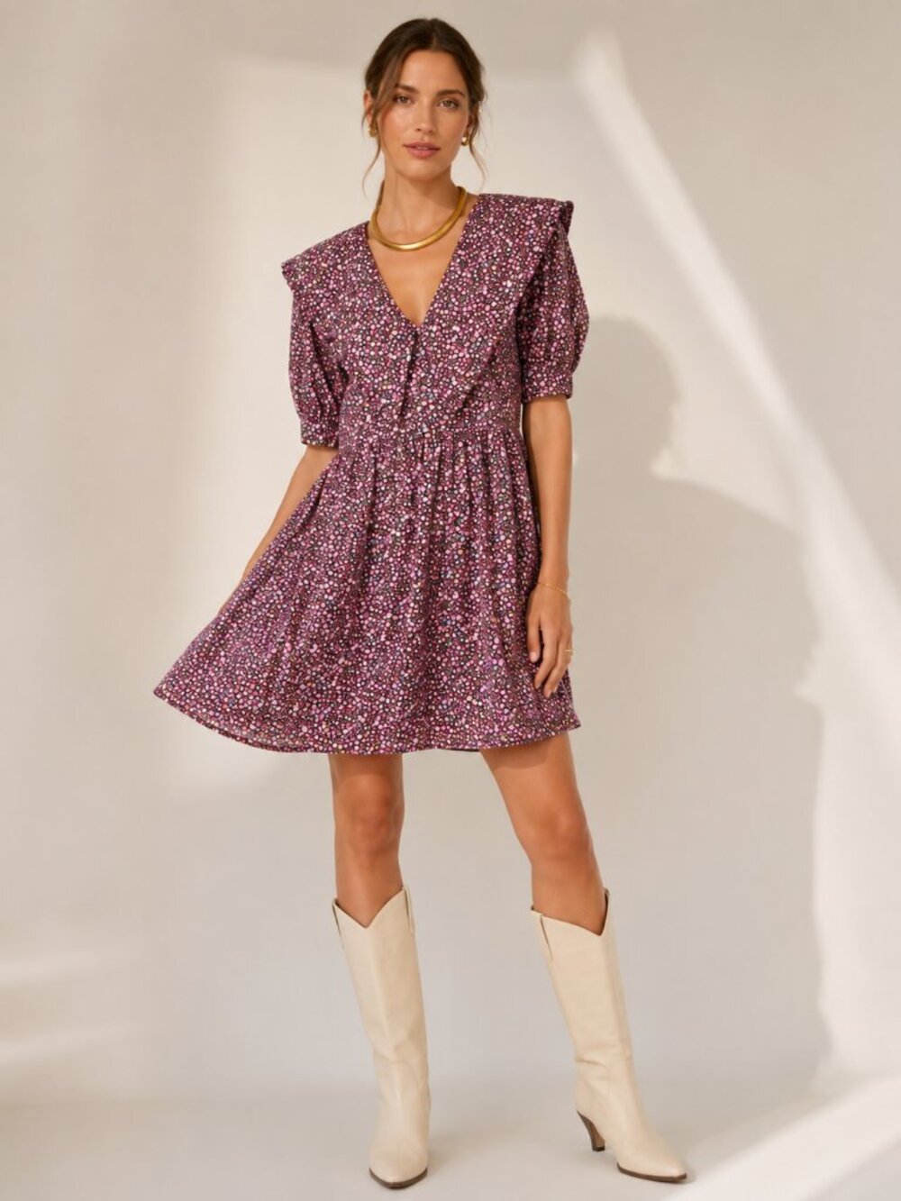 Hyacinth House Maroon Ruffle Collar Sadie Mini Dress Ditsy Floral